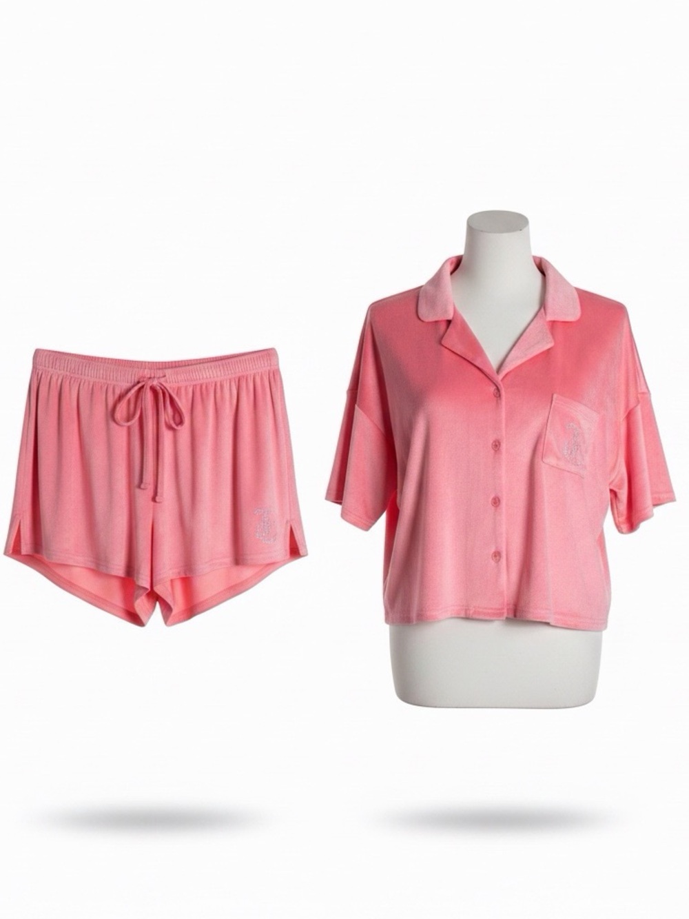 NWT 2 Piece Juicy Couture Pink Velour Rhinestone Bling Shorts Pajama Set - Picture 2 of 16